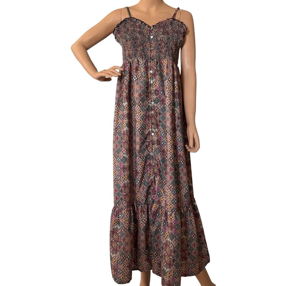 World Market Long Midi Dress Womens S/M Eva Boho Geo Adjustable Strap Smocked